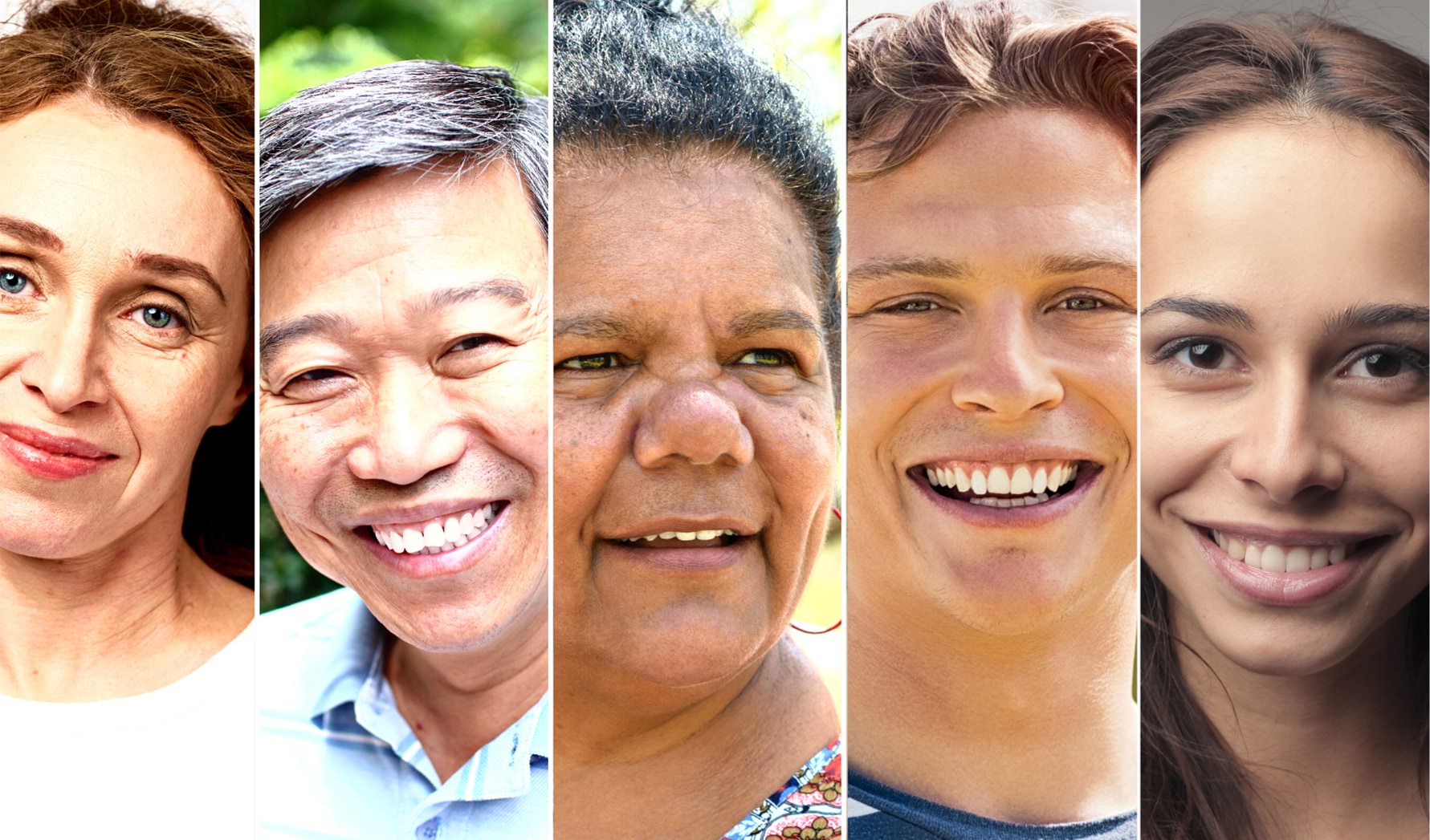 This image combines 5 different portraits of people smiling.